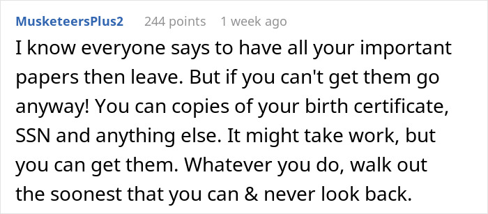 Commenter advising teens to secure important documents and leave an a*****e home for safety and peace of mind.