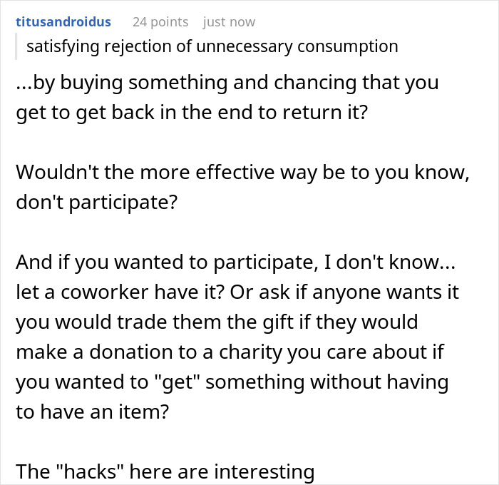 Comment thread discussing a guy stealing his own white elephant gift and getting a refund, sparking debate online. Comment thread discussing a guy stealing his own white elephant gift and getting a refund, sparking debate online.