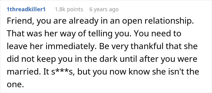 Screenshot of an online comment warning a man to leave his fiancée due to an unexpected relationship request before the wedding. Screenshot of an online comment warning a man to leave his fiancée due to an unexpected relationship request before the wedding.