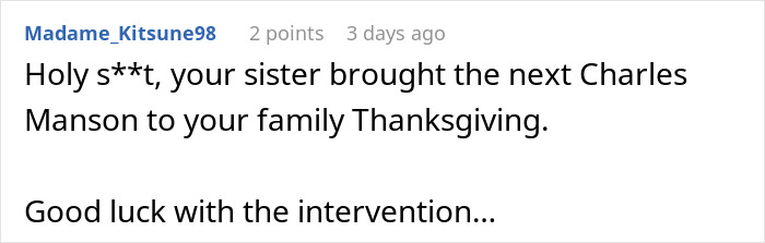Screenshot of an online comment about a sister’s barefoot spiritual advisor causing comical chaos at Thanksgiving dinner.