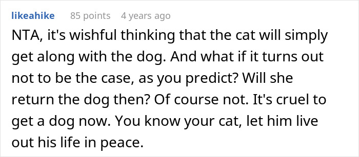 Screenshot of a Reddit comment discussing issues between getting a dog and the woman’s old cat. Screenshot of a Reddit comment discussing issues between getting a dog and the woman’s old cat.