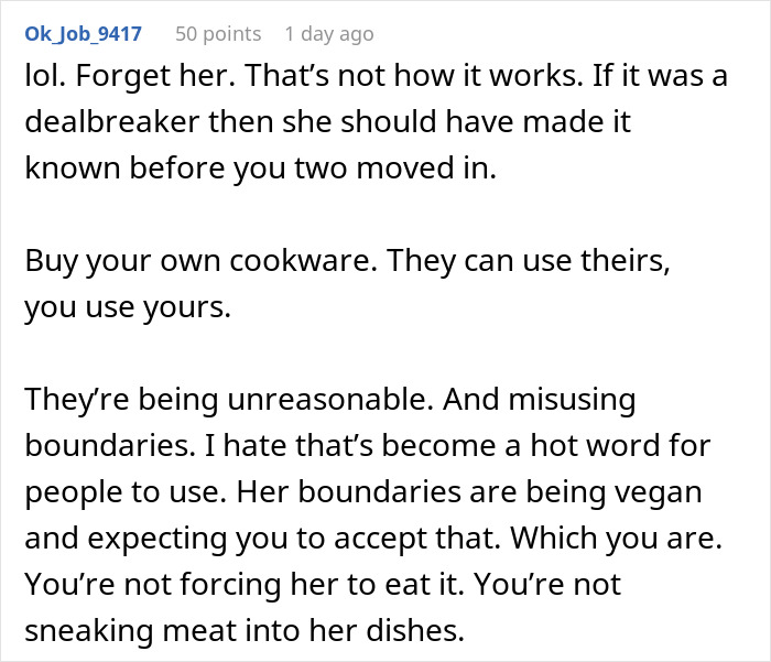 Comment discussing someone refusing to follow roommate’s strict vegan rules in shared kitchen, labeled selfish. Comment discussing someone refusing to follow roommate’s strict vegan rules in shared kitchen, labeled selfish.