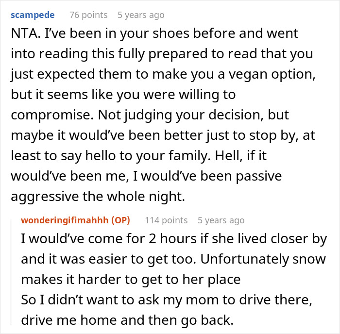 Reddit conversation about challenges and compromises when no vegan options are available for Christmas Eve dinner with family. Reddit conversation about challenges and compromises when no vegan options are available for Christmas Eve dinner with family.