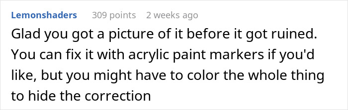 Comment on dad fixing 19-year-old daughter's first real drawing, suggesting acrylic paint markers to hide corrections.