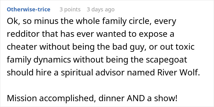 Reddit comment describing comical chaos caused by sister’s barefoot spiritual advisor at Thanksgiving dinner.