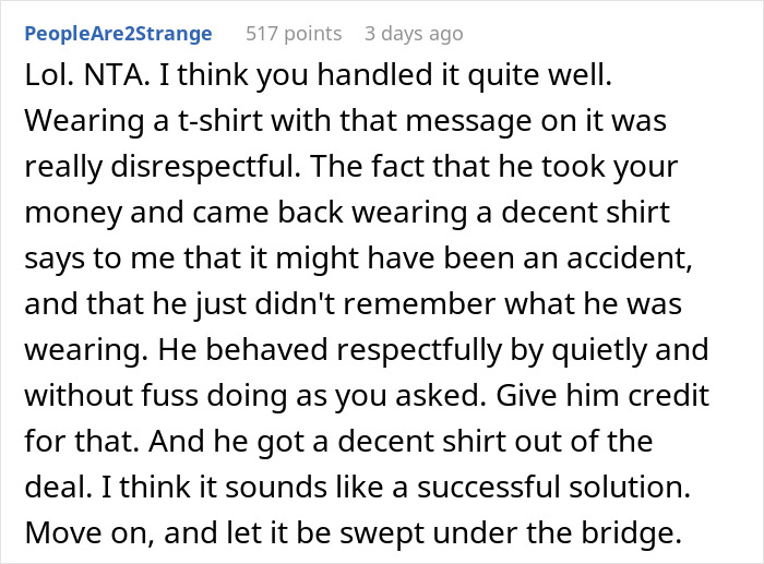 Reddit comment discussing a guy wearing an inappropriate shirt as a dare during dinner with girlfriend’s parents. Reddit comment discussing a guy wearing an inappropriate shirt as a dare during dinner with girlfriend’s parents.