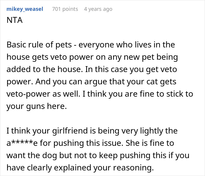 Text discussing pet veto power in a household where a woman is upset her girlfriend won’t allow a dog due to an old cat. Text discussing pet veto power in a household where a woman is upset her girlfriend won’t allow a dog due to an old cat.