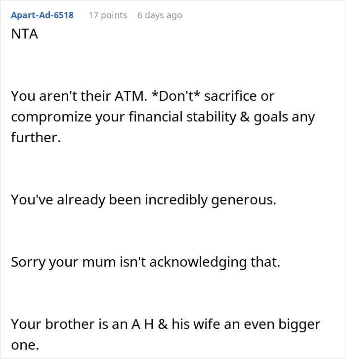 Forum screenshot: NTA comment telling commenter not to be an ATM; brother money wife family conflict.