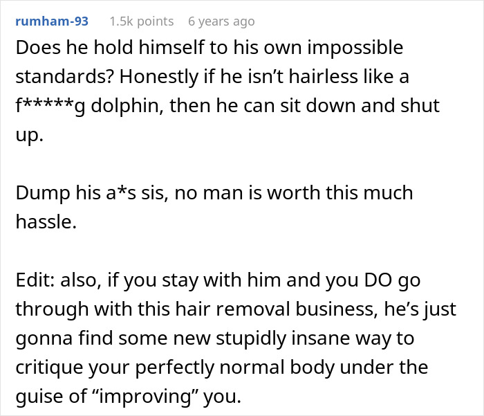 Screenshot of an online comment criticizing a boyfriend demanding laser body hair removal, sparking debate on body hair standards.