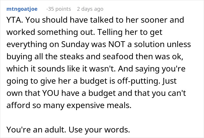 Comment on mom accused of embarrassing son’s girlfriend who offered to cook, discussing budget and meal planning conflict. Comment on mom accused of embarrassing son’s girlfriend who offered to cook, discussing budget and meal planning conflict.