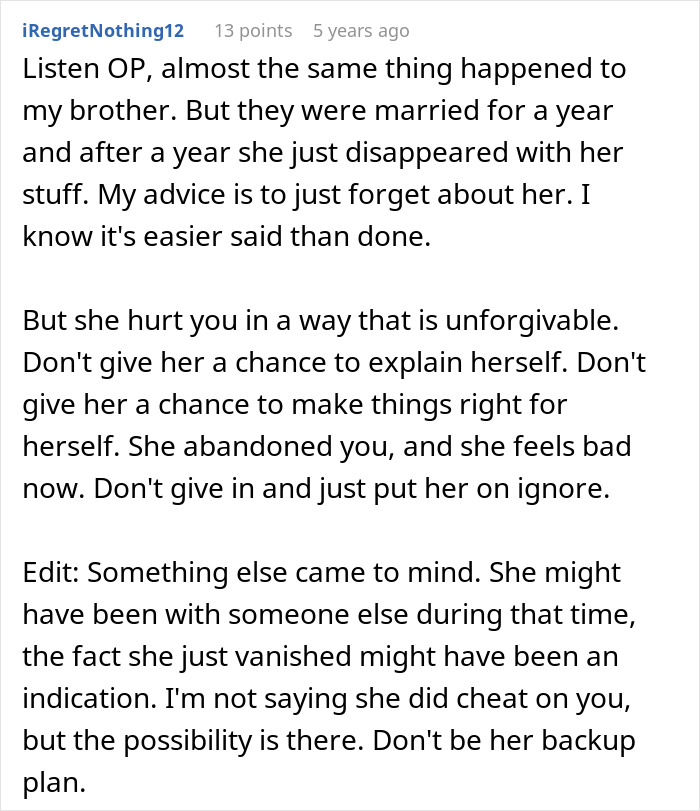 Comment advising a man left without closure after fianc&eacute; disappears before wedding and warns not to give her a chance.