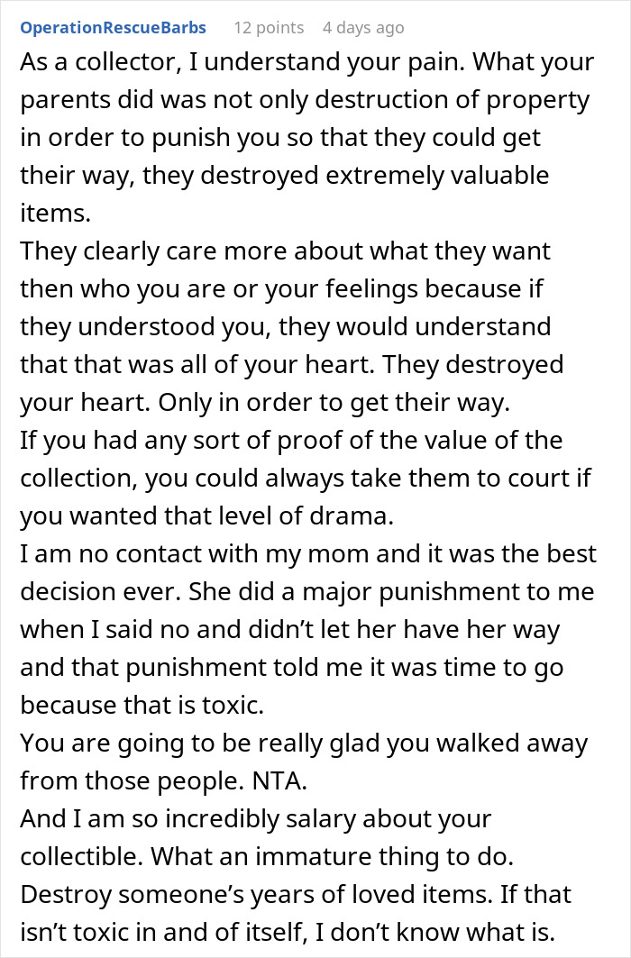 Comment about man cutting off parents after their revenge on him for planning a small wedding, highlighting family conflict and toxic behavior.