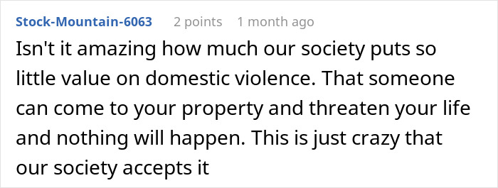 Text comment about society&rsquo;s indifference to domestic violence and threats to personal safety at home.