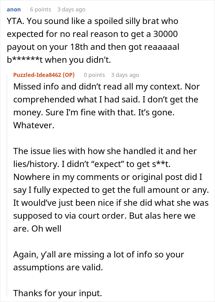 Screenshot of online discussion where a teen questions missing $30k while mom gives vague answers and faces criticism. Screenshot of online discussion where a teen questions missing $30k while mom gives vague answers and faces criticism.