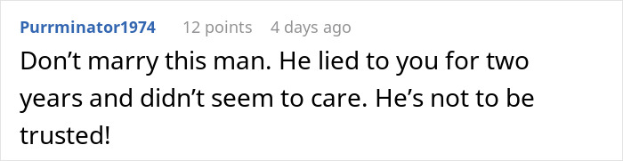 Screenshot of a comment warning about a man who lied, related to a woman rethinking her engagement after family issues.