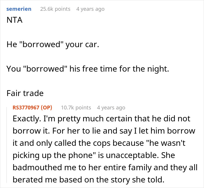Reddit comments discussing family conflict after woman has half-brother arrested for stealing her car.