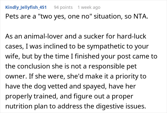 User comment discussing dog care responsibilities and drama about vetting, training, and proper nutrition for pets at home.