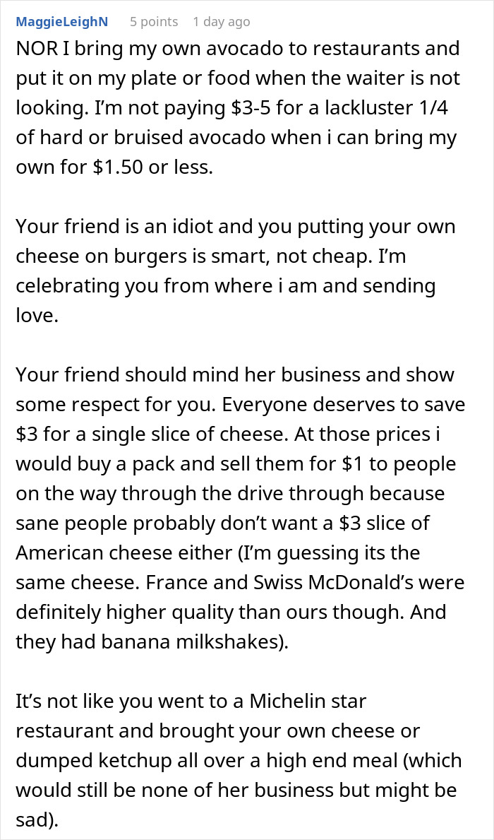Comment discussing a friend showing true colors at the McDonald’s drive thru and cutting contact.