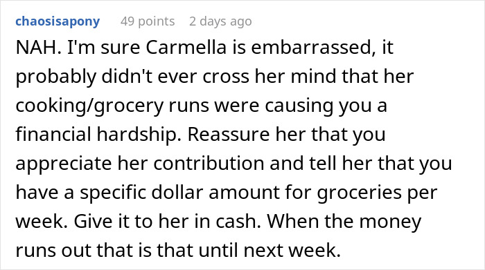 Comment discussing a mom accused of embarrassing son’s girlfriend who offered to cook meals and help with groceries. Comment discussing a mom accused of embarrassing son’s girlfriend who offered to cook meals and help with groceries.