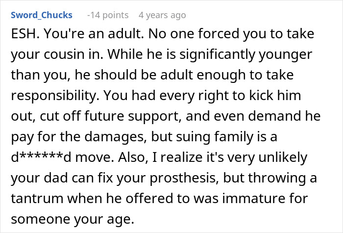 Screenshot of a Reddit comment discussing a man demanding his cousin pay for damages after a cruel prank, highlighting family conflict. Screenshot of a Reddit comment discussing a man demanding his cousin pay for damages after a cruel prank, highlighting family conflict.