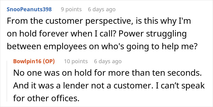 Screenshot of a Reddit conversation about coworkers refusing to fix their own mistakes and call handling issues. Screenshot of a Reddit conversation about coworkers refusing to fix their own mistakes and call handling issues.