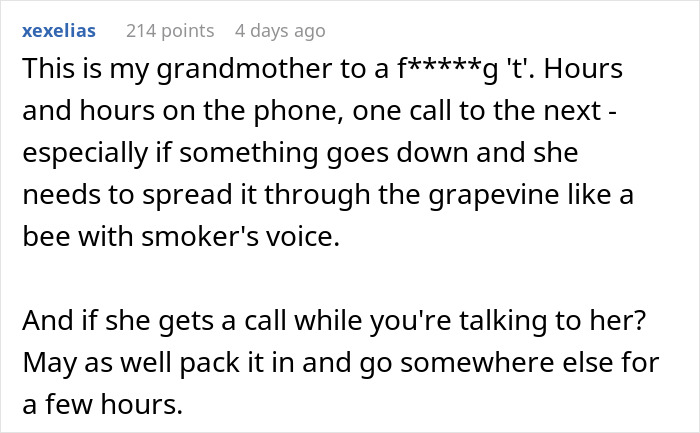 Comment describing a grandmother’s excessive phone dependence causing family issues and frustration over constant calls.