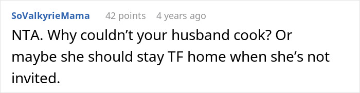 Comment from SoValkyrieMama discussing why the husband couldn’t cook when woman reheats pizza leftovers for MIL unannounced at Xmas.