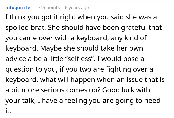 Comment discussing a disagreement over lending a spare keyboard and questioning the girlfriend’s reaction, highlighting relationship issues. Comment discussing a disagreement over lending a spare keyboard and questioning the girlfriend’s reaction, highlighting relationship issues.