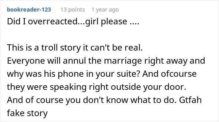 Screenshot of a forum comment discussing a couple split at altar after bride overhears groom’s unexpected revelations.