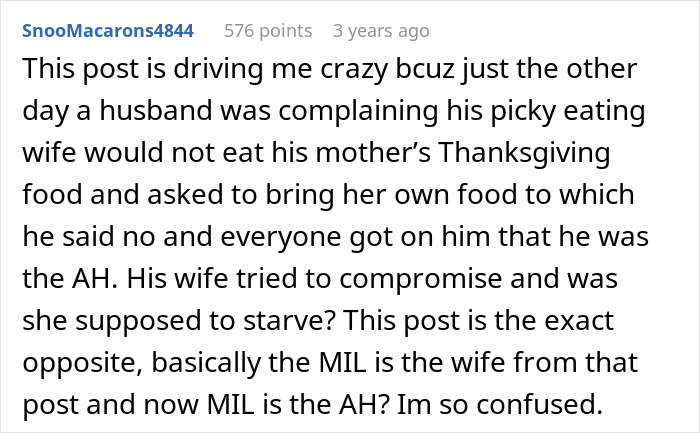 Screenshot of a social media comment discussing a picky-eater MIL bringing her own food to Thanksgiving dinner. Screenshot of a social media comment discussing a picky-eater MIL bringing her own food to Thanksgiving dinner.