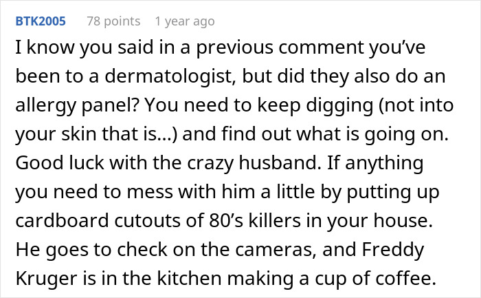 Comment discussing unexplained back scratches, husband’s trust issues, and suggestion to install CCTV at home for proof. Comment discussing unexplained back scratches, husband’s trust issues, and suggestion to install CCTV at home for proof.