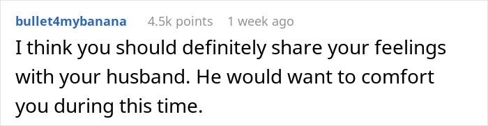 Screenshot of a social media comment advising a new mom to share her feelings with her husband for support during a tough time.