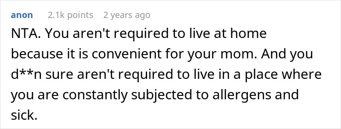 Comment discussing a 23-year-old facing family pressure after moving out and leaving mom without childcare options. Comment discussing a 23-year-old facing family pressure after moving out and leaving mom without childcare options.