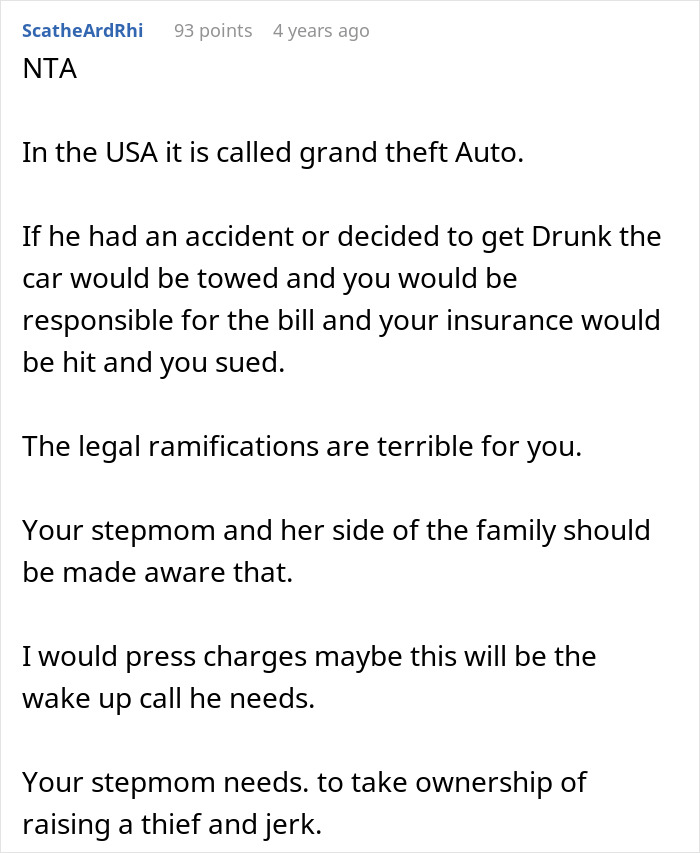 Comment discussing legal issues and family conflict after woman has half-brother arrested for stealing her car.