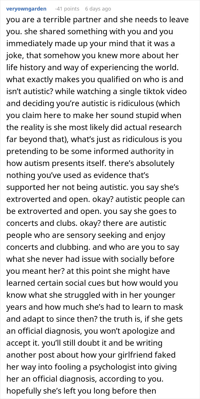Comment criticizing partner for dismissing self-diagnosed autism and questioning understanding of autism traits.