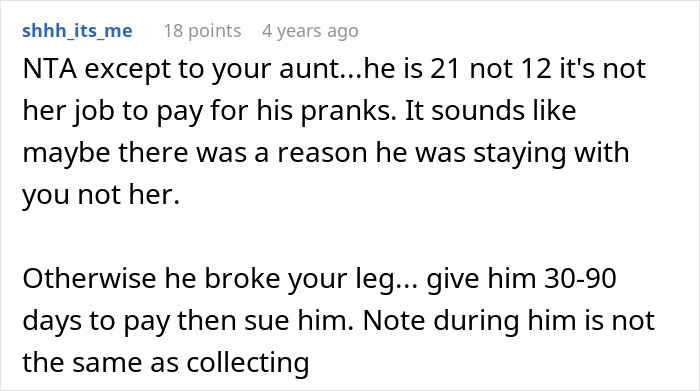 Screenshot of a forum comment discussing a man demanding his cousin pay for a cruel prank and the aunt’s reaction. Screenshot of a forum comment discussing a man demanding his cousin pay for a cruel prank and the aunt’s reaction.