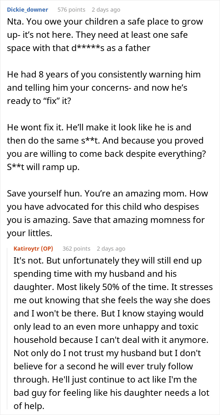 Reddit user discusses stepdaughter’s behavior and in-laws’ comments causing a woman to leave her husband after years. Reddit user discusses stepdaughter’s behavior and in-laws’ comments causing a woman to leave her husband after years.