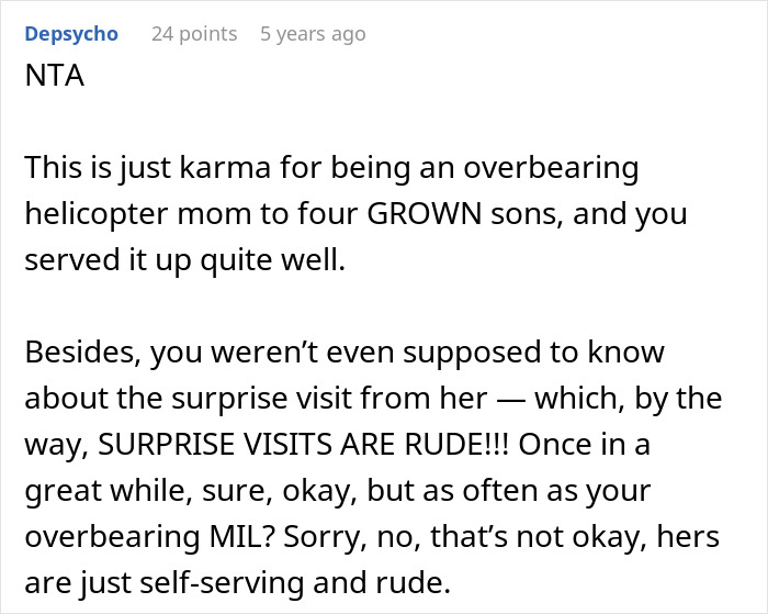 Screenshot of a Reddit comment discussing women ruining MIL’s surprise by pretending they didn’t know she was coming. Screenshot of a Reddit comment discussing women ruining MIL’s surprise by pretending they didn’t know she was coming.