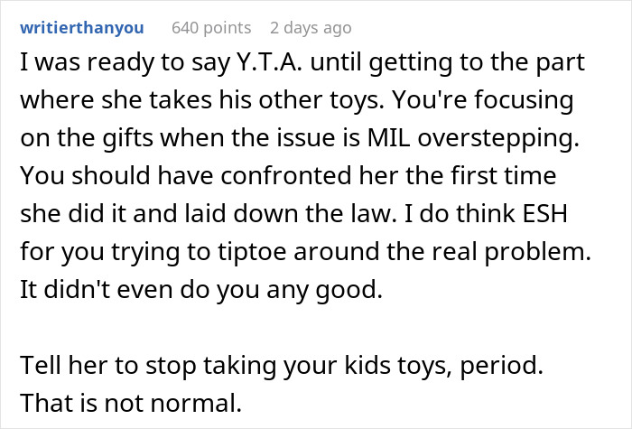 Screenshot of online comment discussing MIL overstepping by taking kids' toys, linked to grandma turning Christmas into a weird competition. Screenshot of online comment discussing MIL overstepping by taking kids' toys, linked to grandma turning Christmas into a weird competition.