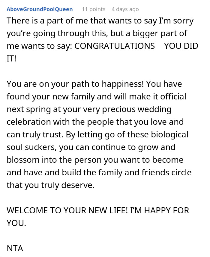 Comment supporting man who cuts off parents after their revenge over planning a small wedding, celebrating new family and happiness.