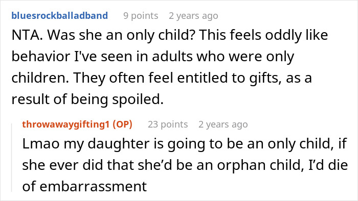 Reddit conversation about Christmas gift list involving only children and feelings of entitlement from being spoiled.