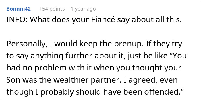 Reddit comment discussing future in-laws demanding prenup and reacting after learning about wealthy family background. Reddit comment discussing future in-laws demanding prenup and reacting after learning about wealthy family background.