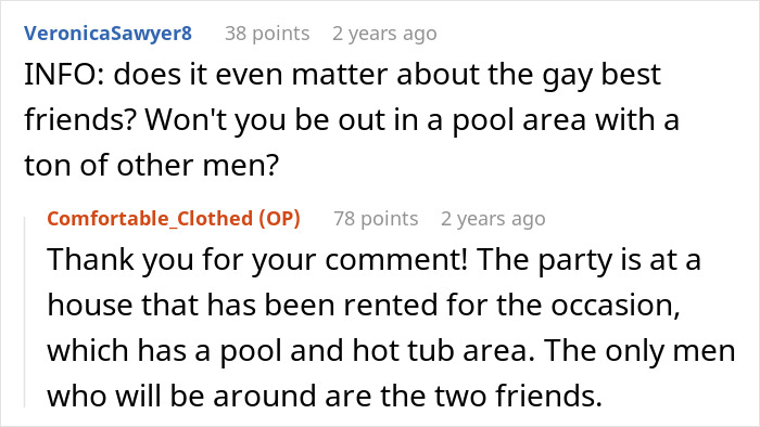 Online forum discussion about Muslim daughter-in-law refusing to wear bikini at bridal party causing family conflict. Online forum discussion about Muslim daughter-in-law refusing to wear bikini at bridal party causing family conflict.