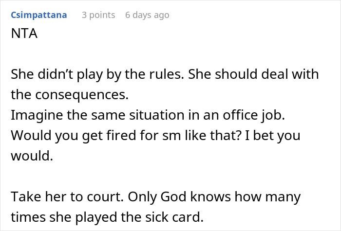 ALT text: 
Comment discussing consequences for makeup artist pretending to be sick on woman's wedding day for easy money.