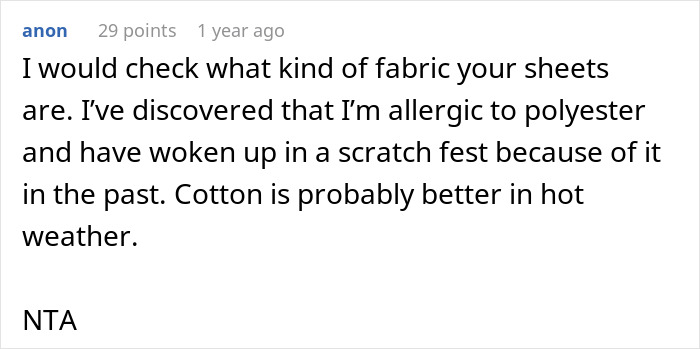 Comment discussing allergic reaction to polyester sheets causing scratches, related to wife’s unexplained back scratches and trust issues. Comment discussing allergic reaction to polyester sheets causing scratches, related to wife’s unexplained back scratches and trust issues.