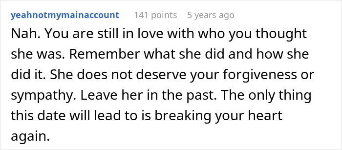 Screenshot of a Reddit comment advising a man left without closure after fianc&eacute; disappears before wedding on handling emotions.