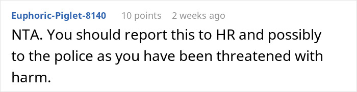 Comment discussing reporting threats to HR and police related to woman putting coworker on blast on social media.