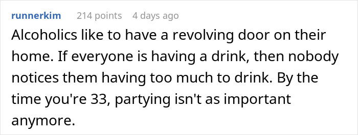 Reddit comment discussing drinking habits and social dynamics related to partying and friendships at home. Reddit comment discussing drinking habits and social dynamics related to partying and friendships at home.