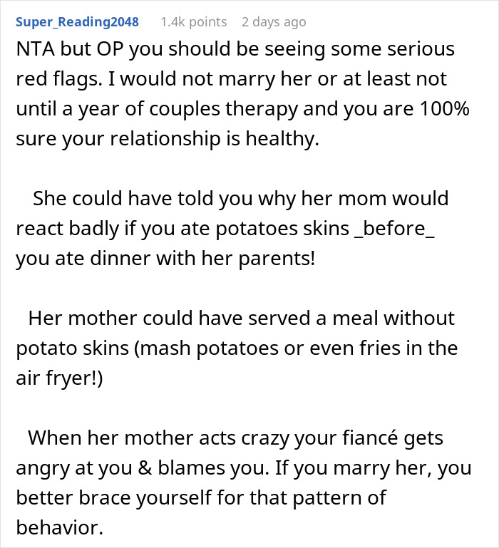 Comment discussing red flags when a guy eats baked potato his way causing fiancée’s mother disgust. Comment discussing red flags when a guy eats baked potato his way causing fiancée’s mother disgust.