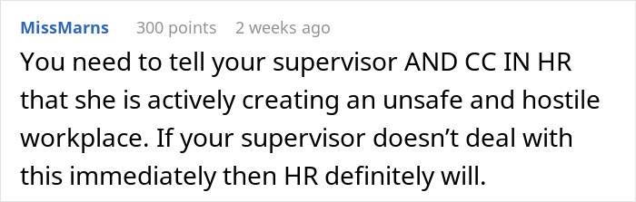 Screenshot of a social media comment where a woman warns about a hostile workplace affecting coworkers.